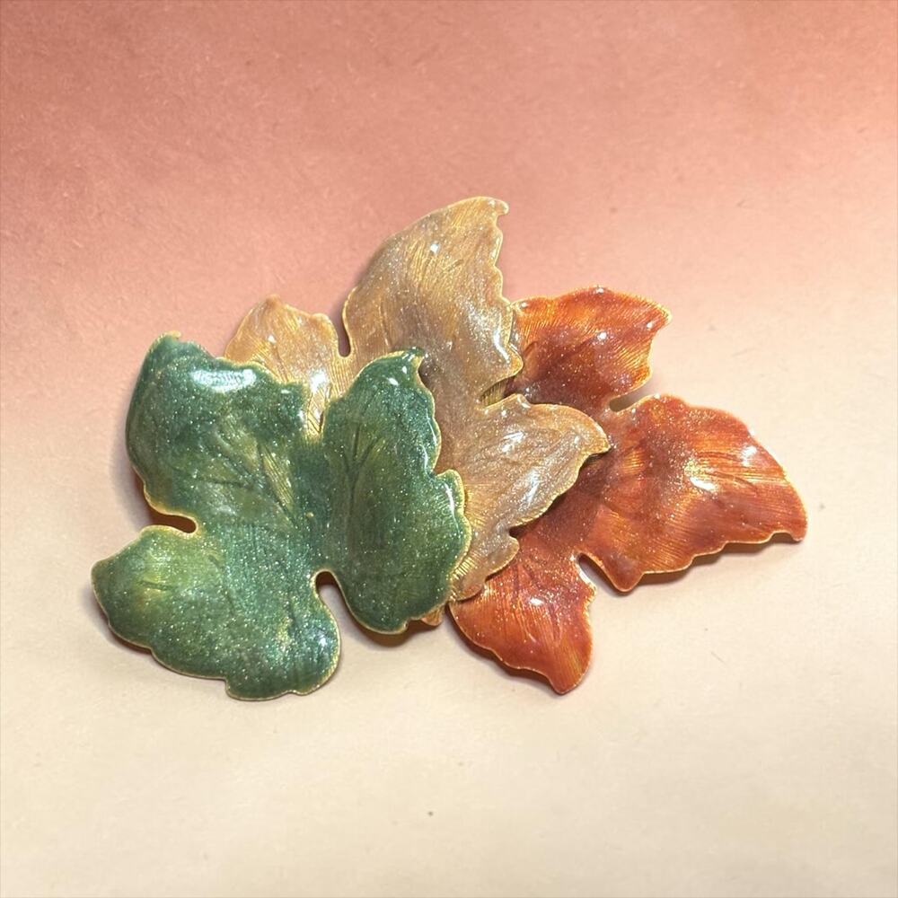 Autumn Leaves Brooch Shimmering Green Copper Champagne Enamel Gold Tone Pin